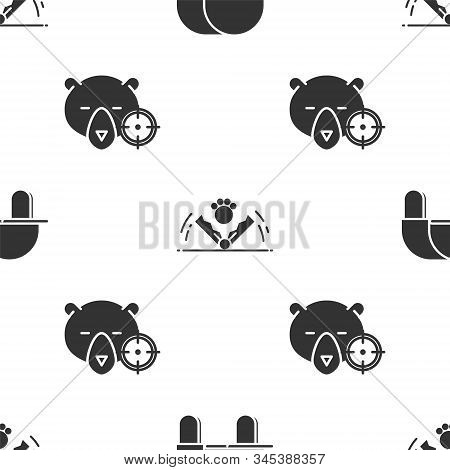 Set Hunter Hat, Trap Hunting And Hunt On Bear With Crosshairs On Seamless Pattern. Vector