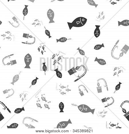 Set Fish, Fish On Hook, Fishing Rod And Fish And Fishing Hook Under Water With Fish On Seamless Patt