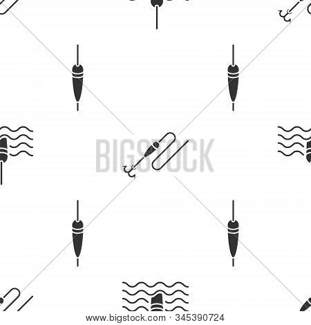 Set Fishing Float In Water, Fishing Line With Hook And Float And Fishing Float On Seamless Pattern. 