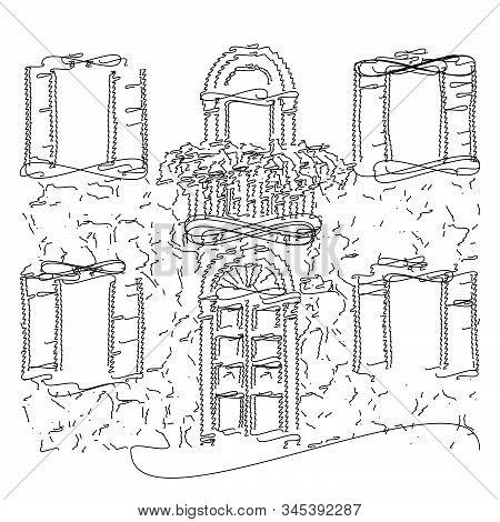 Hand Drawn Line Art House Fasade Street With Door Balcony And Windows