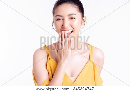 Young Asian Woman Laughing Funny, Joke Story. Charming Beautiful Young Woman Get Relaxing, Happiness