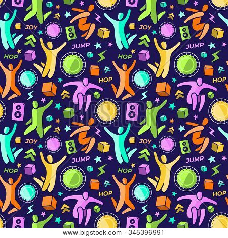 Repeating Seamless Pattern, Swatch. Set Of Icons: Jumping People, Top View Trampoline, Sound Speaker