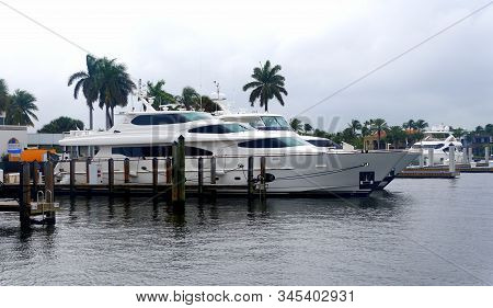 Fort Lauderdale, Florida, U.s.a - January 3, 2020 - A White Multi-million Dollar Luxury Boat On The 