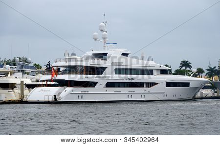 Fort Lauderdale, Florida, U.s.a - January 3, 2020 - A White Multi-million Dollar Luxury Boat On The 