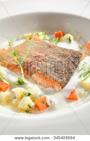Trout fillet in cream sauce with vegetable stew of fresh greens on white restaurant plate isolated. Bbreaded salmon or red fish meat with cauliflower and carrots closeup