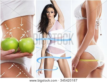 Healthy, sporty and beautiful women isolated on white. Fat lose, health, sport, fitness, nutrition, liposuction, healthy life-style concept.