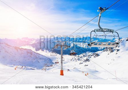 Ski Resort In Winter Alps. Val Thorens, 3 Valleys, France. Beautiful Mountains And The Blue Sky, Win