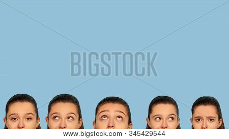 Uncertain, Dreamful, Happy, Upset - Collage Of Emotions. Caucasian Teen Girls On Blue Background. Be