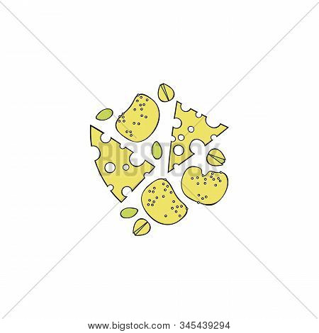 Cheese. Cheese Slices. Pistachio Nuts. Crisps. Cartoon Food. Isolated Vector Objects On A White Back