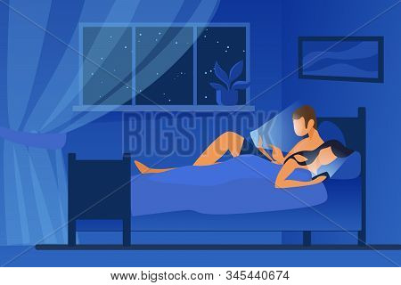 Couple Lying In Bed And Using Mobile Phones. Gadget And Internet Addicted Users Flat Vector Illustra