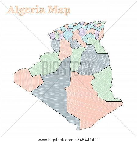 Algeria Hand-drawn Map. Colourful Sketchy Country Outline. Vector Illustration.