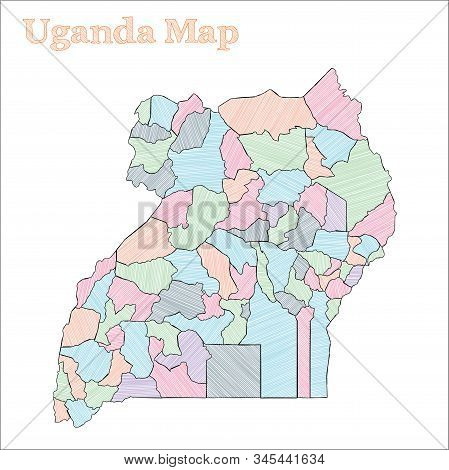 Uganda Hand-drawn Map. Colourful Sketchy Country Outline. Vector Illustration.