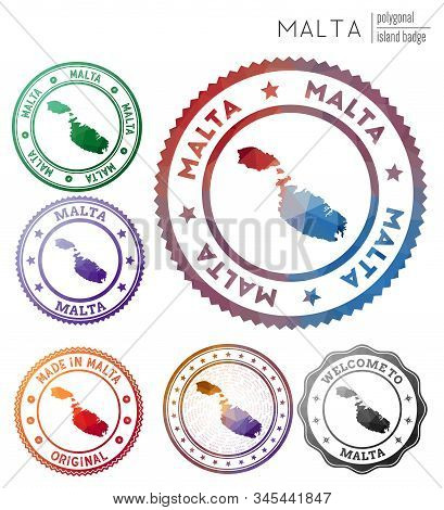 Malta Badge. Colorful Polygonal Island Symbol. Multicolored Geometric Malta Logos Set. Vector Illust