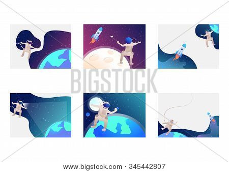 Set Of Astronaut Floating In Outer Space. Flat Vector Illustrations Of Planets, Rockets, Taking Self