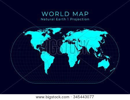 Map Of The World. Natural Earth Projection. Futuristic Infographic World Illustration. Bright Cyan C