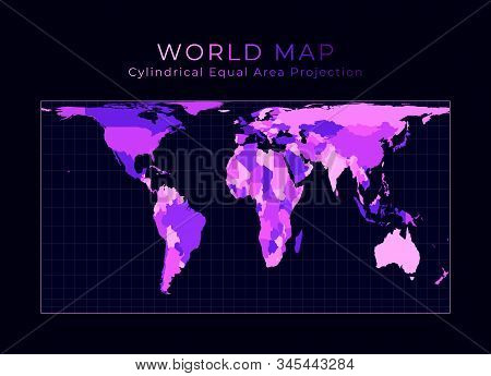World Map. Cylindrical Equal-area Projection. Digital World Illustration. Bright Pink Neon Colors On