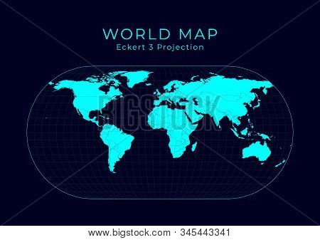 Map Of The World. Eckert Iii Projection. Futuristic Infographic World Illustration. Bright Cyan Colo