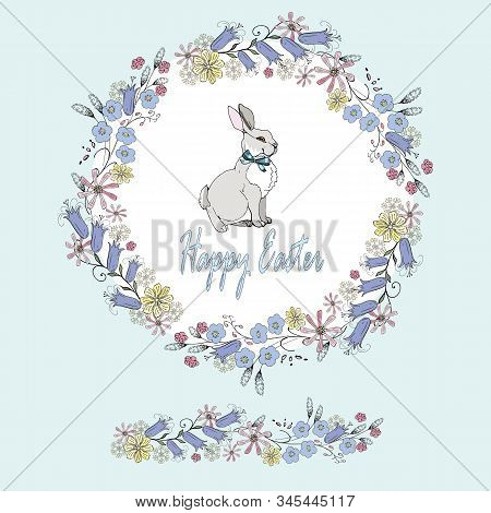 Round Frame With Beautiful Flowers And Easter Bunny. Festive Flower Circle And Flower Brush For Your