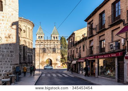 Toledo, Spain - December 6, 2019: The New Bisagra Gate And Santiago Del Arrabal Church. Real Del Arr