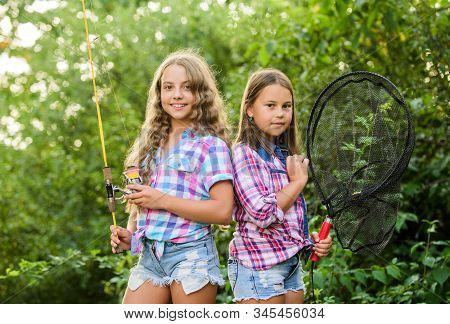 Good Day For Fishing. Children With Net And Rod. Summer Holidays Weekend. Fly Fishing Time. Little K