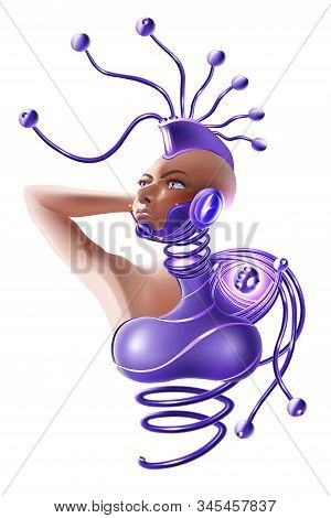 A Beautiful Cyborg Woman Looks Up. Concept Of Cybernetic, Information And Communication Technologies