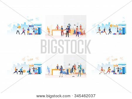 Sale Season Set. Consumers Choosing And Buying Clothes With Discount. Flat Vector Illustrations. Sho