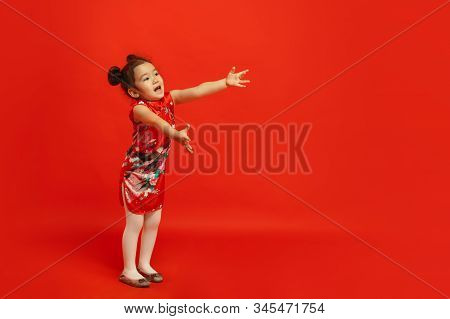 Giving A Hug For Friends And Family. Happy Chinese New Year 2020. Asian Cute Little Girl Isolated On