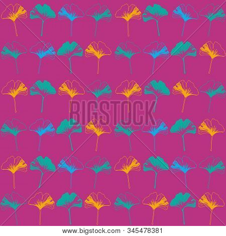 Vector Seamless Pattern Ginko Wax With Green, Yellow, Blue Ginkgo Leaves And Pink Background