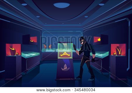 Robbery Of Jewelry Shop, Robber Or Thief With Nail Puller Stand In Dark Trading Room With Gold Jewel