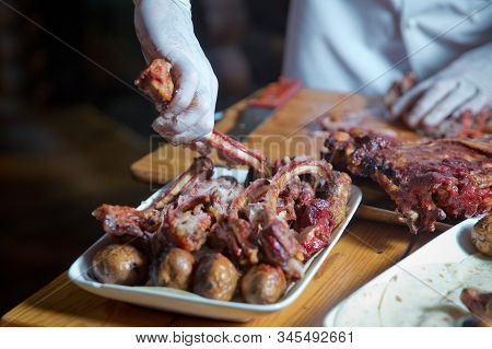 Barbecue Is Prepared Of Lamb Or Sheep Meat And Processed By Slasher. Antrikot And Potato Kebabs Are 