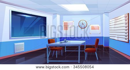 Interrogation Room In Police Station, Empty Interior For Questioning Crimes With Handcuffs On Table,