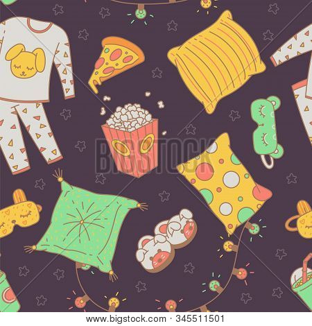 Seamless Pattern With Sleepover Pajama Party Items, Sketch Vector Illustration.