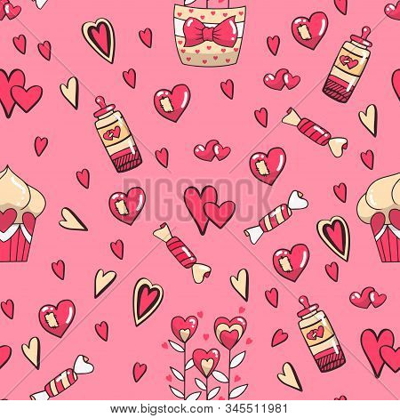 Seamless Pattern Of Hearts And Hand Writing Elements.