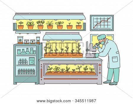 Agronomist Scientist Cartoon Character Working In Greenhouse Laboratory, Sketch Vector Illustration 