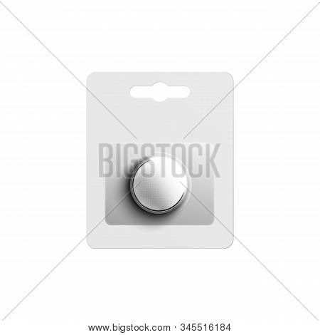 Round Button Cell Battery In Pack Realistic Vector Mockup Illustration Isolated.