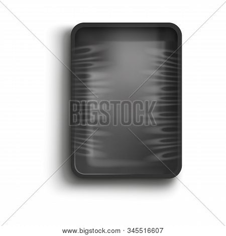 Black Container With Cling Film Cover, Realistic Vector Illustration Isolated.