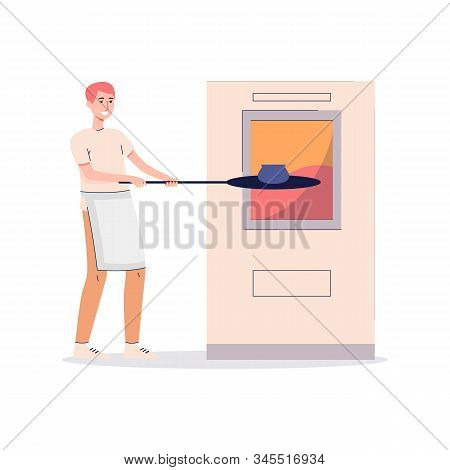 Ceramist Burns In Stove Clay Pottery, Flat Cartoon Vector Illustration Isolated.