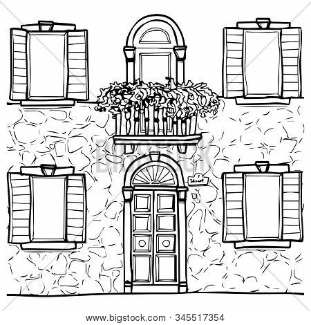 Hand Drawn Line Art House Fasade Street With Door Balcony And Windows