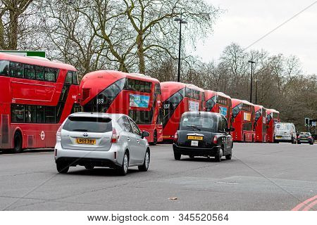 London, England, Uk - January 2, 2020: Red Double Decker Buses And Taxis On The Streets Of London - 