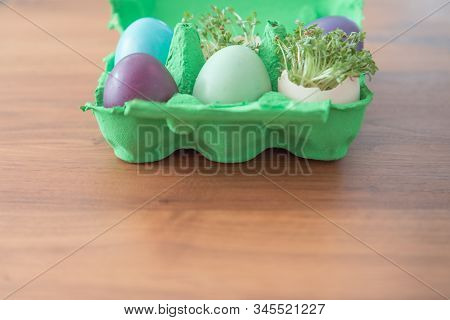Decorative Handmade Easter Egg Present Box With Eggs And Cress. Beautiful Decoration Easternest Bask