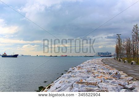 Picturesque Landscape Of Istanbul. Picturesque View Of Marmara Sea And Embankment. Merchant Ships St