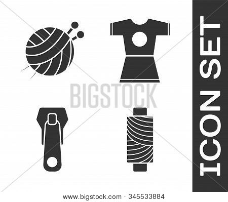 Set Sewing Thread On Spool, Yarn Ball With Knitting Needles, Zipper And Woman Dress Icon. Vector