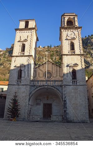 Montenegro. Old Town Of Kotor, Unesco-world Heritage Site. View Of Cathedral Of Saint Tryphon On Sun