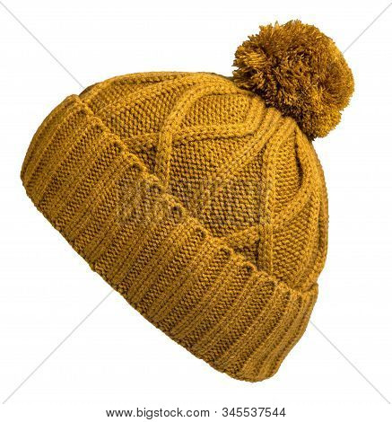 Knitted Yellow Hat Isolated On White Background.hat With Pompon .