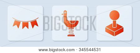 Set Riding Kid Duck, Carnival Garland With Flags And Joystick For Arcade Machine. White Square Butto