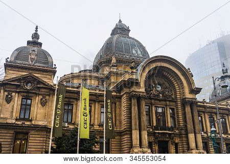 Bucharest Historical Building. Panoramic View Of Cec Palace (palatul Cec), Landmark Of Old Town Buch