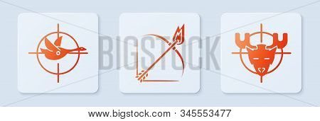 Set Bow And Fire Arrow, Hunt On Duck With Crosshairs And Hunt On Moose With Crosshairs. White Square