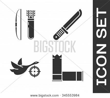 Set Cartridges, Bow And Arrow In Quiver, Hunt On Duck With Crosshairs And Hunter Knife Icon. Vector