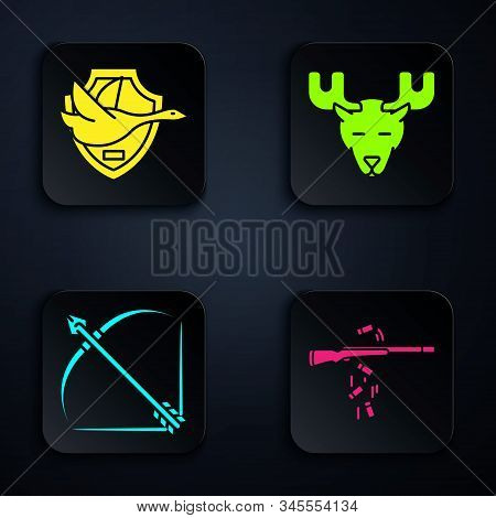 Set Gun Shooting, Flying Duck On Shield, Bow And Arrow In Quiver And Moose Head With Horns. Black Sq