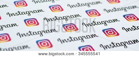Instagram Pattern Printed On Paper With Small Instagram Logos And Inscriptions. Instagram Is America